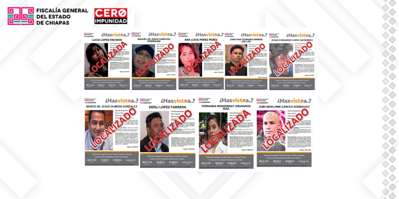 FGE presenta a nueve personas con reporte de No Localizadas en el estado de Chiapas